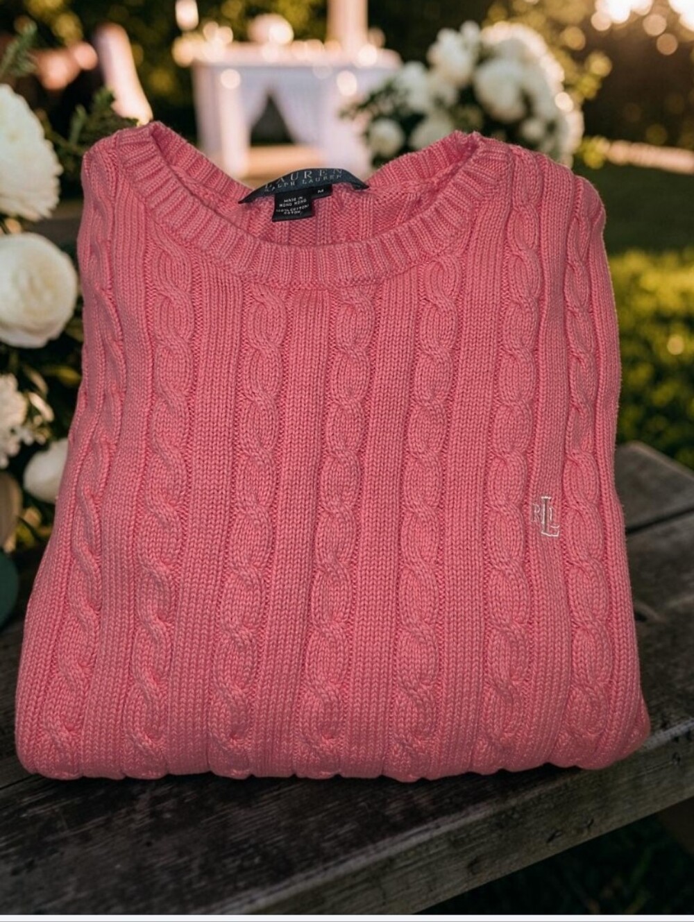 Lauren Ralph Lauren Women's Pink Cable Knit Crewneck Sweater Size-M